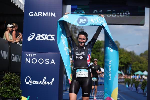 Jess Fullagar taking the Garmin Noosa Triathlon win Photo Korupt Vision